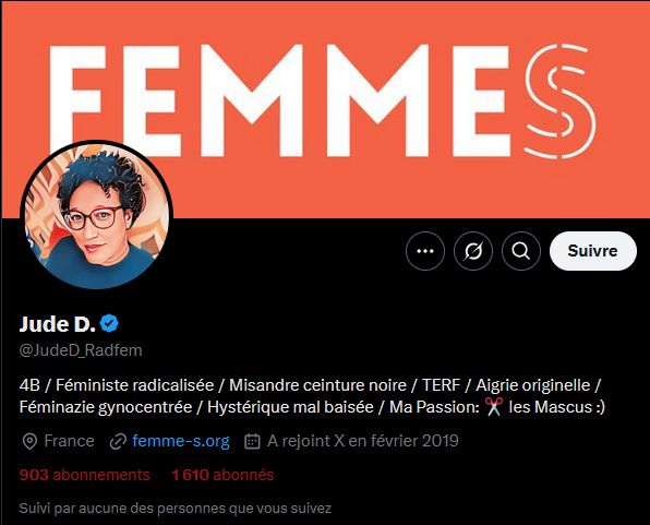 Compte Twitter de la fondatrice de "Femme-s.org". Elle se revendique ouvertement "TERF"
