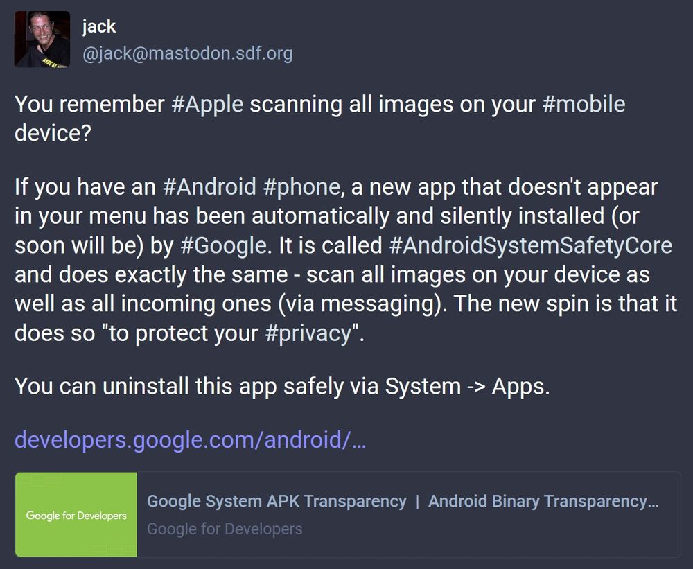 Screenshot d'un post Mastodon en anglais prévenant de la même chose que mon post en utilisant la charte de transparence de Google.
