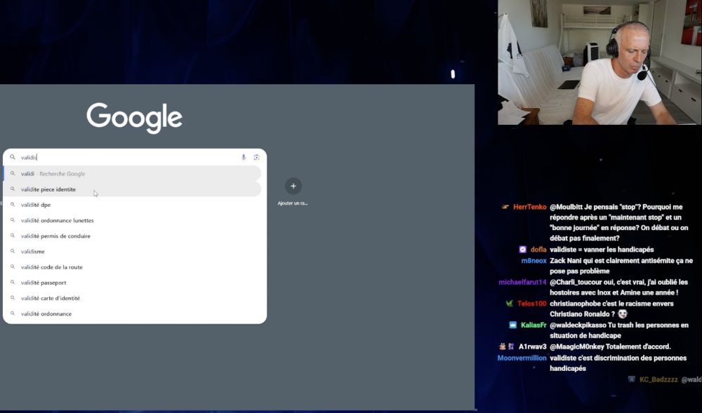 Live de Samuel Étienne cherchant le terme "Validisme" sur Google. 