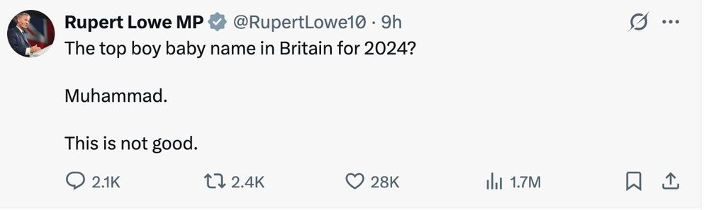 Tweet from Rupert Lowe MP saying: The top baby ame for 2024? Muhammed. This is not good.