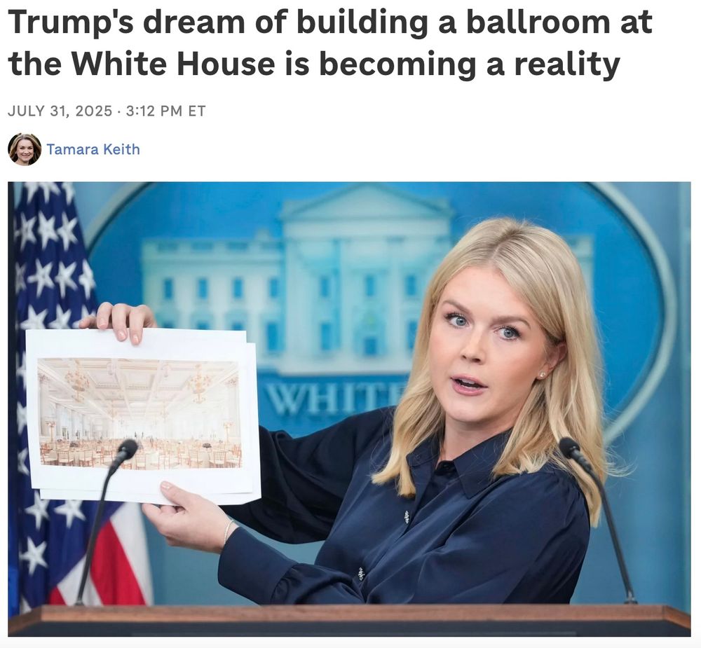 White House press secretary holding an A4 printout of ballroom mock-up right in front of a microphone