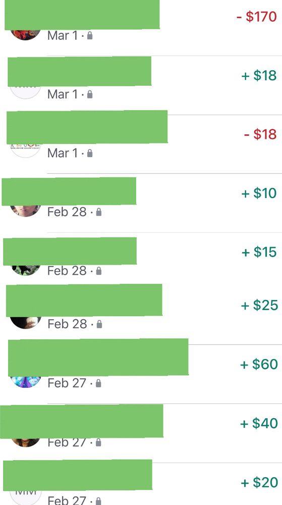 Venmo transactions showing $170 donations from several community members and $170 sent out to the vigil organizers to pay Black trans artists & to pay for vigil expenses. White back ground of Venmo screenshot. Names censored with green rectangles for anonymity. 