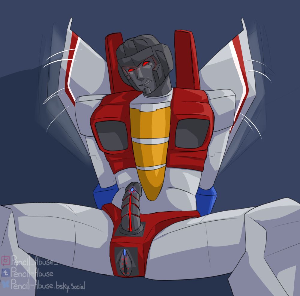 Starscream sitting with his valve and spike out, he's biting his lip and fluttering his wings