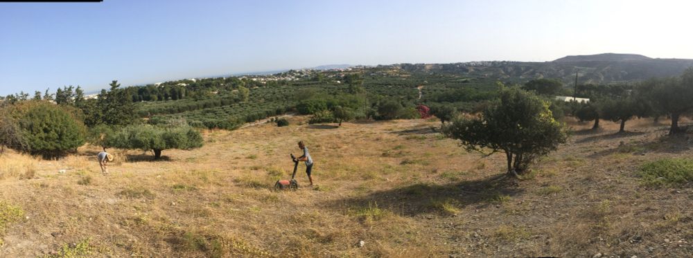 Panorama of ground penetrating radar at Knossos, looking down a slope and across the valley