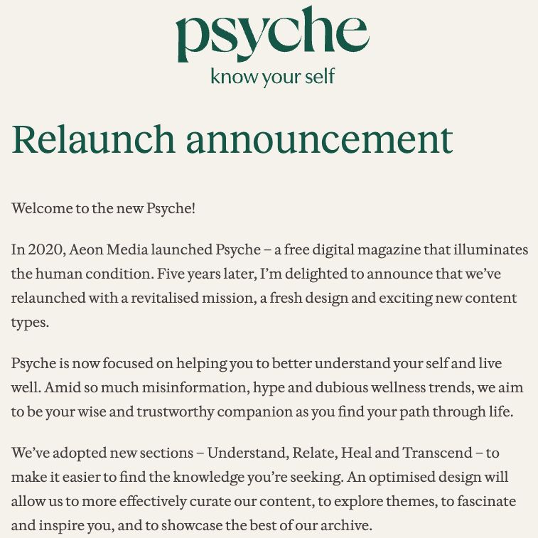 screenshot of Psyche relaunch announcement