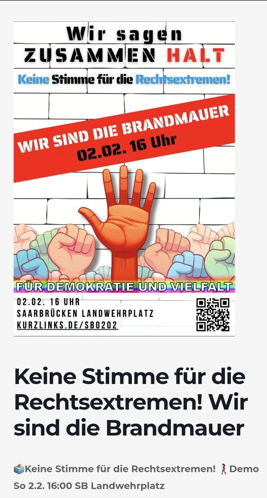 Keine Stimme für die Rechtsextremen!
Demo am Sonntag 02. Februar 16:00 Uhr, Saarbrücken Landwehrplatz