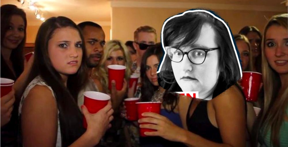 Crudely photoshopped version of Gretchen Felker-Martin’s head from the “antisemite of the week” graphic onto the meme of girls at a party looking disgusted, with the implication the girls are being disgusted in response to Gretchen Felker-Martin being called “antisemite of the week”