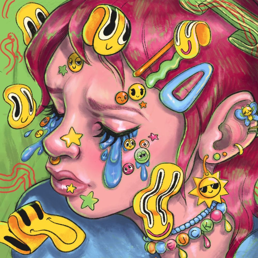 A brightly colored digital painting of a girl crying with distorted smiley faces floating around her wearing lots of hair clips and a necklace thaf spells out F U C K