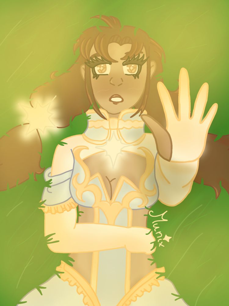 A cartoon drawing of a woman lying in the grass. She has tan skin and long brown hair tied in two pigtails using stars. She has a look of silent wonder on her face as she raises one of her arms to the sky.