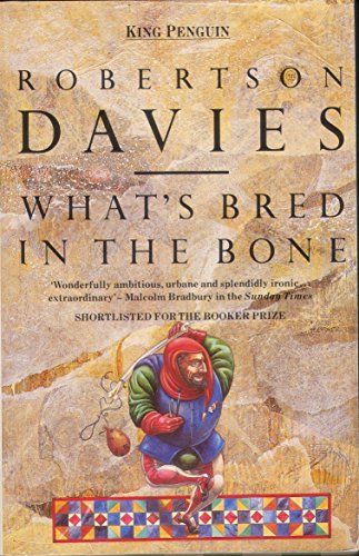 The cover if What's Bred in the Bone by Robertson Davies. An image of a stylized jester in a blue jerkin, white and red hose, green sleeves and red cap and gloves. He holds an elongated bone over one shoulder. On its end is tied a string linked to what looks like an inflated leather bladder. In his other hand, he holds a paint brush and palette knife. He dances atop a row of multicolored tiles agains a bavkground with the colour and texture of crumpled parchment.