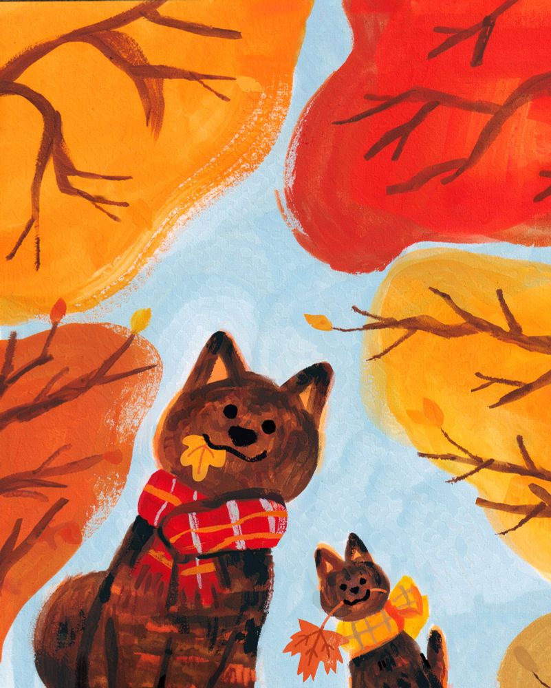 A painting looking up at a brindle coated Kai Ken dog, and a tortoiseshell kitten. They're both holding autumn leaves in their mouths and wearing plaid scarves. Behind them are autumnal tree canopies with gaps between them (crown shyness.) The sky is a light blue.
