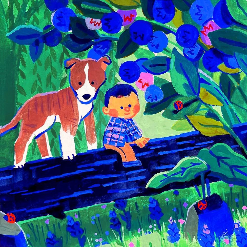 A brown and white pittie, and a toddler in a blue and purple plaid shirt are scooching up an angled fallen tree trunk. Big blueberries hang overhead, curving in from the right. They're in various stages of growth. Lupine is growing in the grass below. There are some ladybugs scattered on stones, and a willow in the bg. The colors are mostly bright blue, light purples, and emerald green.