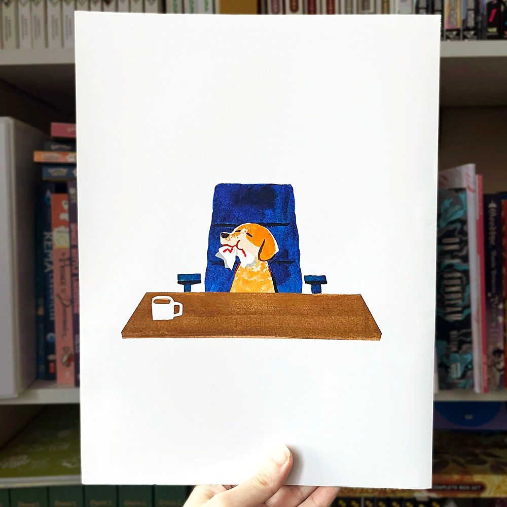 The back of the folder. Almost entirely white, with a spot illustration in the center. The dog from before is now eating the documents. Problem solved.