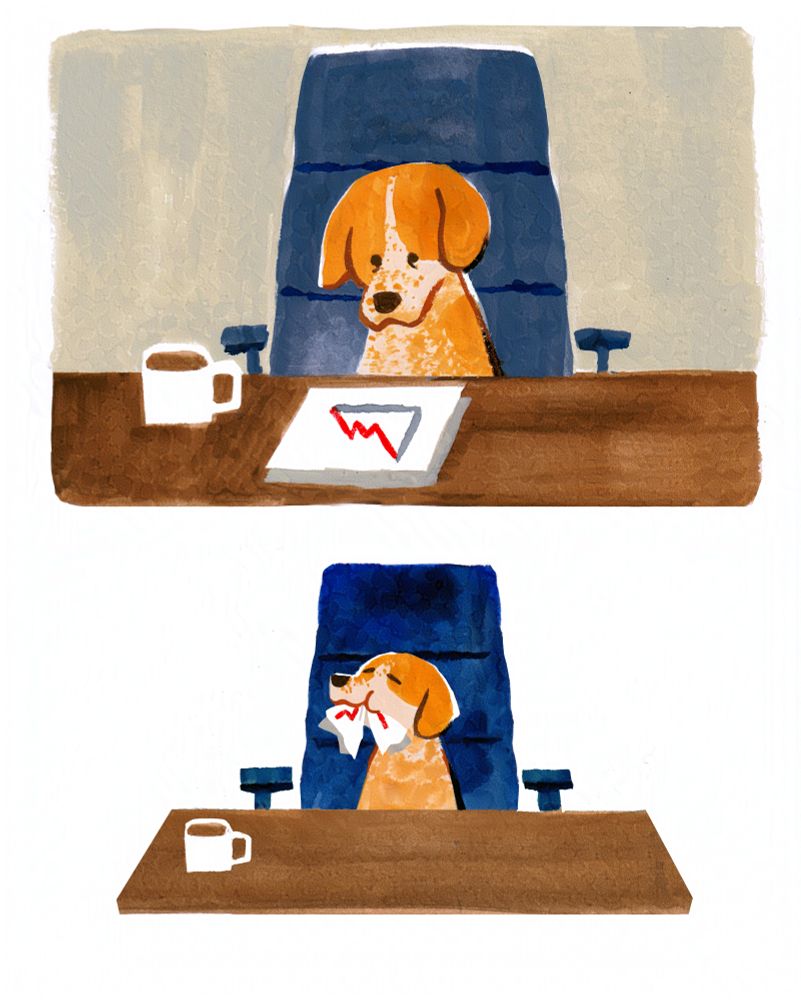 Top image: An orange and cream speckled hound dog at a desk looking down at a downward trending graph. There's a mug of coffee, they're sitting in a dark blue office chair. 
Bottom image: Slightly zoomed out same image, the dog is eating paper. Problem solved. 