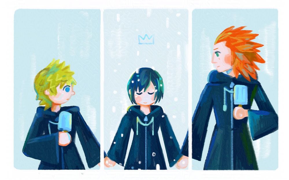 Three panel drawing of Roxas, Xion, and Axel in that order, holding hands. Roxas and Axel are holding sea salt ice creams in their free hands, and looking at Xion. Xion's eyes are closed, and she's smiling even though she appears to be dissolving. The blue crown drawing above her head is also dissolving. (Org xiii outfits)