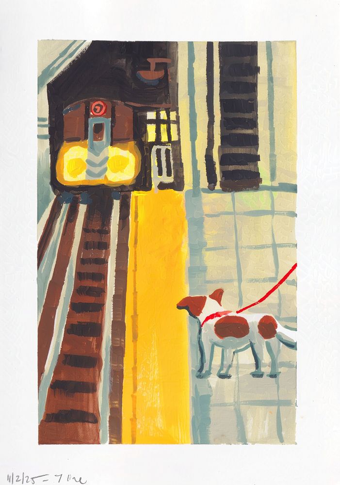 A little white and brown spotted dog with a red collar and leash is waiting behind the yellow line in an underground subway stop. A train with the number 7 in a red circle is approaching. The floor is tiled, and there's an escalator in the bg. Text below reads "11/2/25 - 7 line"
