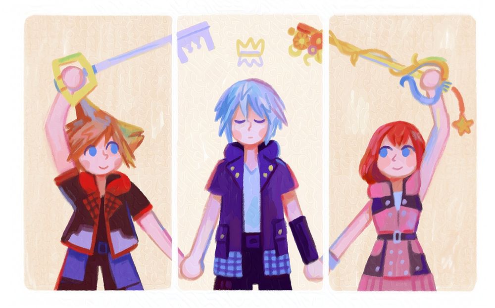 Three panel drawing of Sora, Riku, and Kairi in that order, holding hands. Sora and Kairi hold their keyblades above their heads, pointing them towards the two crowns above sleeping Riku, a yellow upright one, and an upside-down silver one. (KH3 outfits)