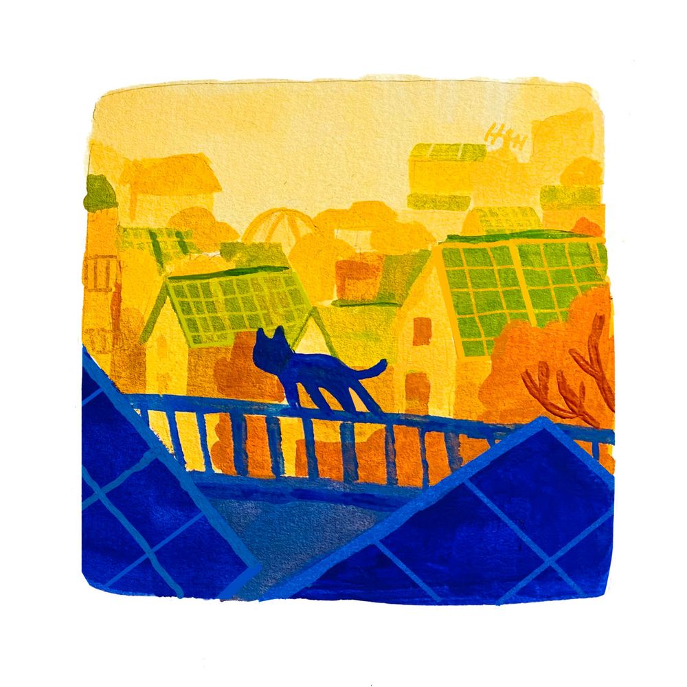 A zoomed out different view of the scene from the last painting. In the blue fg the silhouette of a cat is standing on a railing between solar panels. In the bg are many homes all with solar panel roofs. 