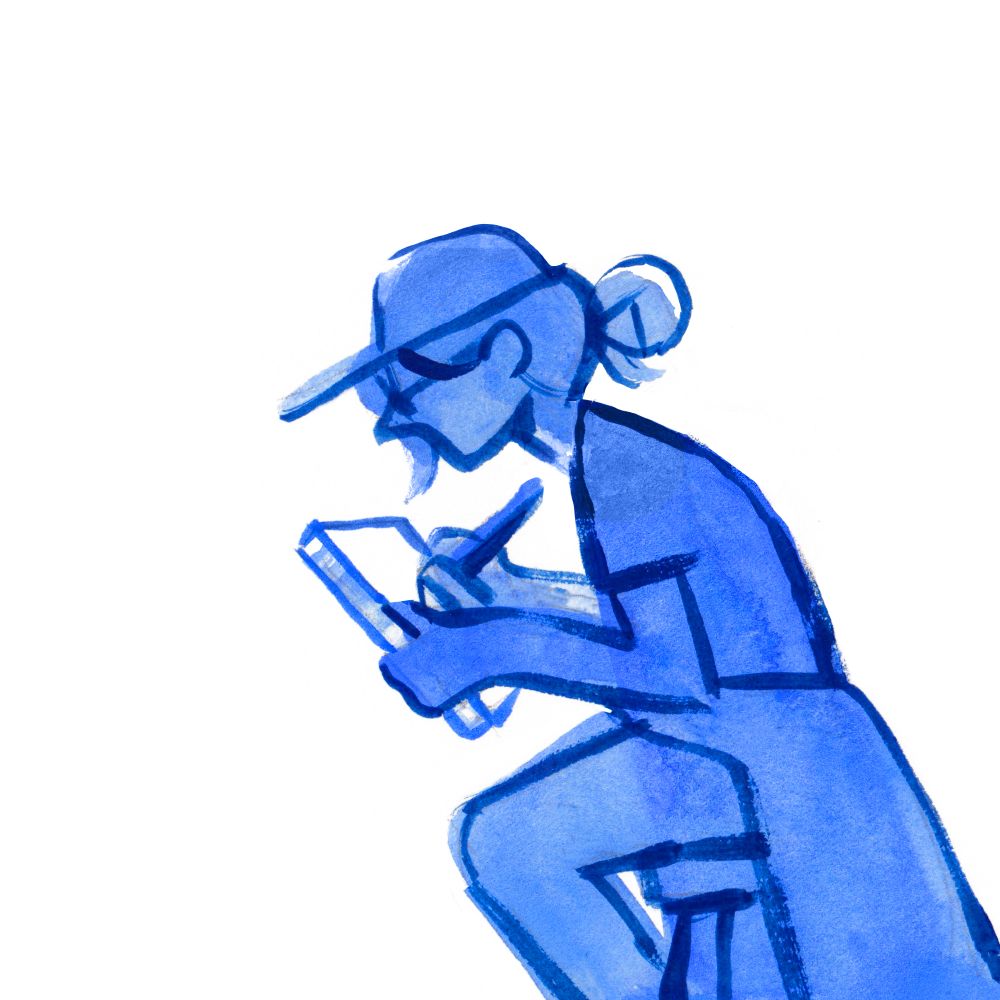 A simple monochromatic blue painting on white of a person with their hair up in a bun, wearing a cap, sitting on a stool and painting.