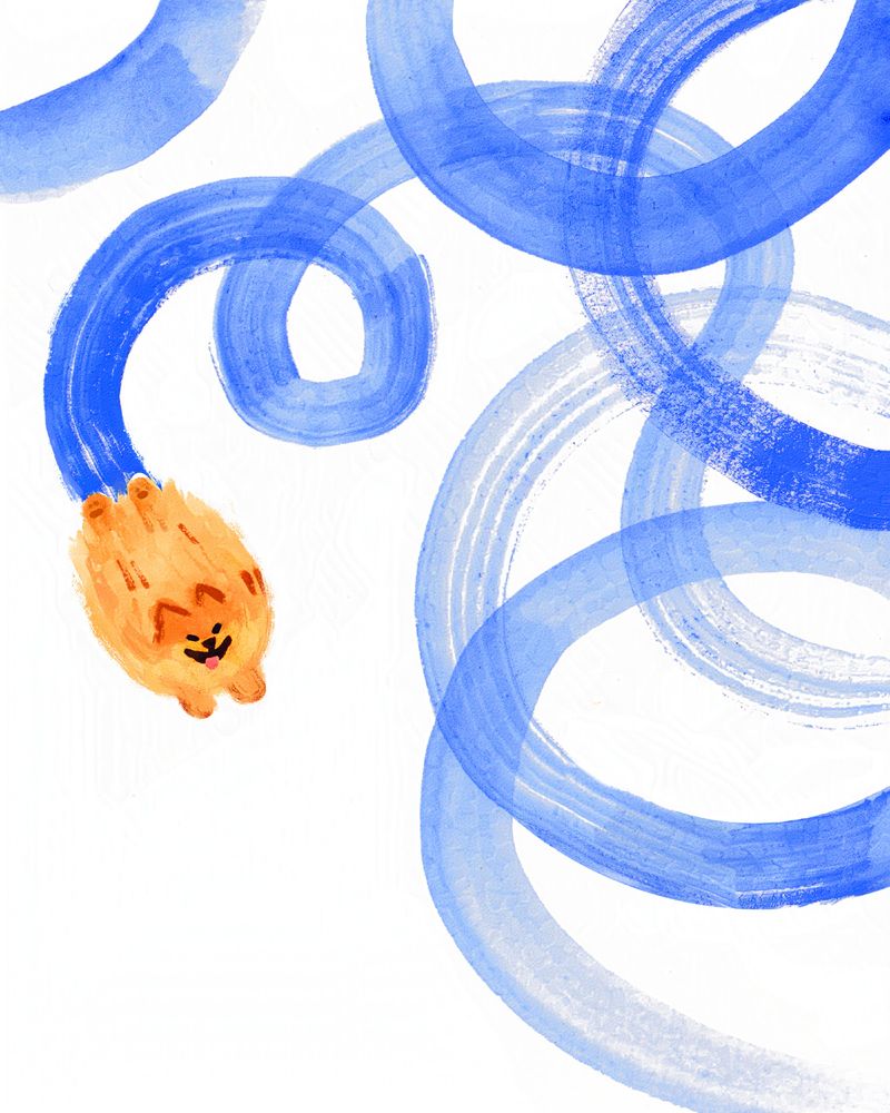 A tiny little orange pomeranian orb is smiling happily while running, slightly blurry. They're leaving an elaborate blue trail of loops, to convey their general enthusiasm. 