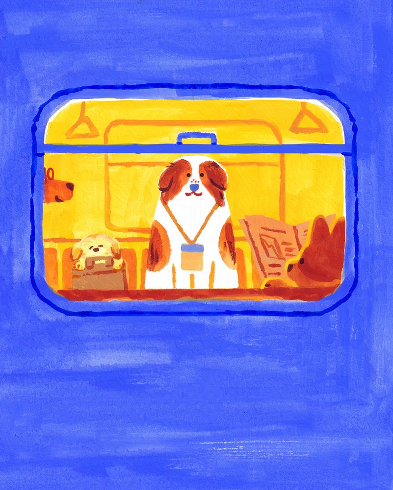 A yellow train or bus window framed by blue. Inside in the center is a big fluffy white dog with brown patches. They are smiling have freckles above a blue nose, and are wearing a lanyard. To their left is the Havanese dog from a couple days ago, snoozing while holding a briefcase. Next to them just peeking out is a long snoot with glasses. On the right side foreground is a corgi reading a newspaper. The newspaper has a graph indicating that stocks are still not doing very well in dog world. 