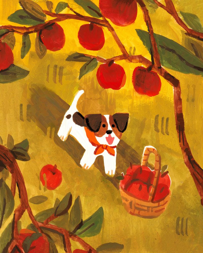 A painting looking down at a small white dog with floppy black ears and spots, and brown around the sides of their snout. In the foreground are leafy apple tree branches.  The dog is wearing an orange bandana around their neck, standing next to a basket of red apples, as though they're collecting them. Probably to make apple cider with later.