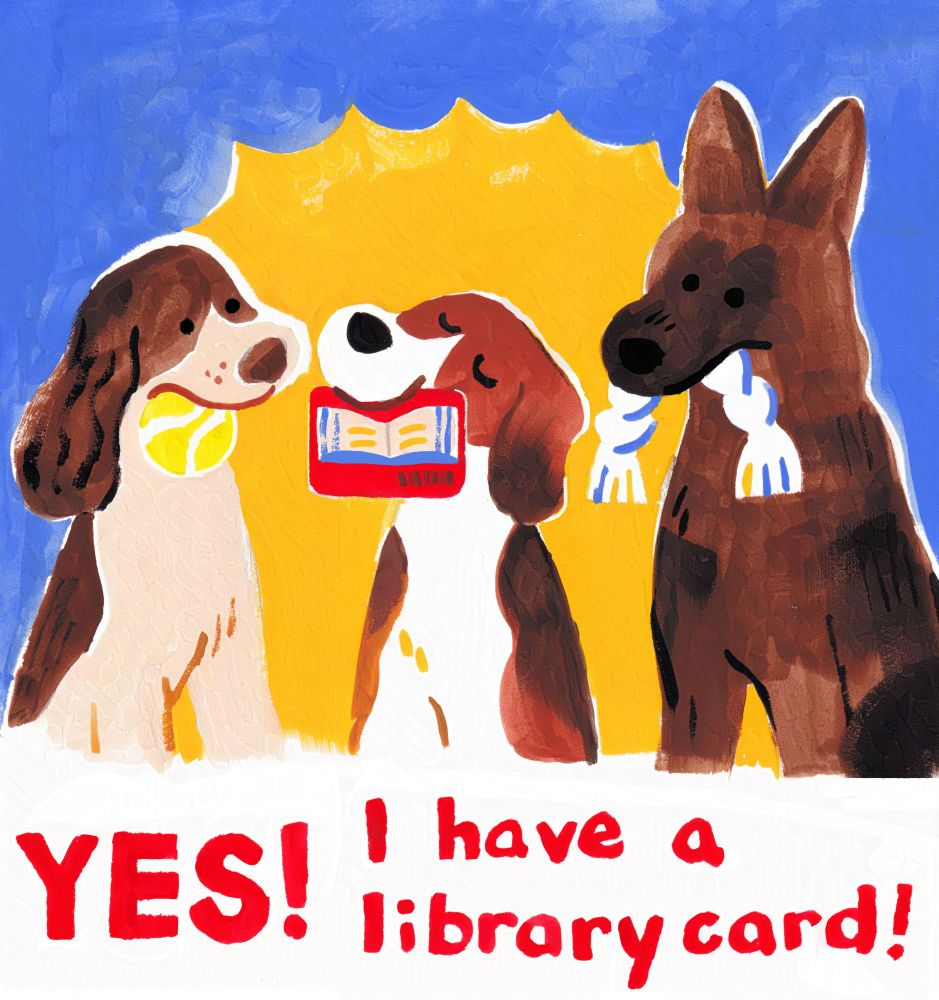 Gouache painting of a spaniel, beagle, and german shepherd. They're holding in their mouths a tennis ball, library card, and rope toy respectively. The beagle looks very proud, while the other two stare at them.