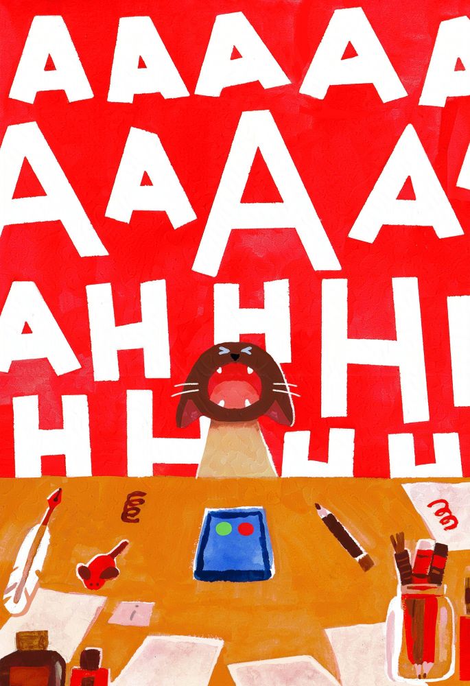 A more zoomed out view of the cat yelling loudly into the phone. The bg is bright red, and filled with the text "AAAAAAAAAAAHHHHHHHH" in white block lettering. On the desk now you can see some ink bottle, a quill pen, post it with an exclamation point, and papers.
