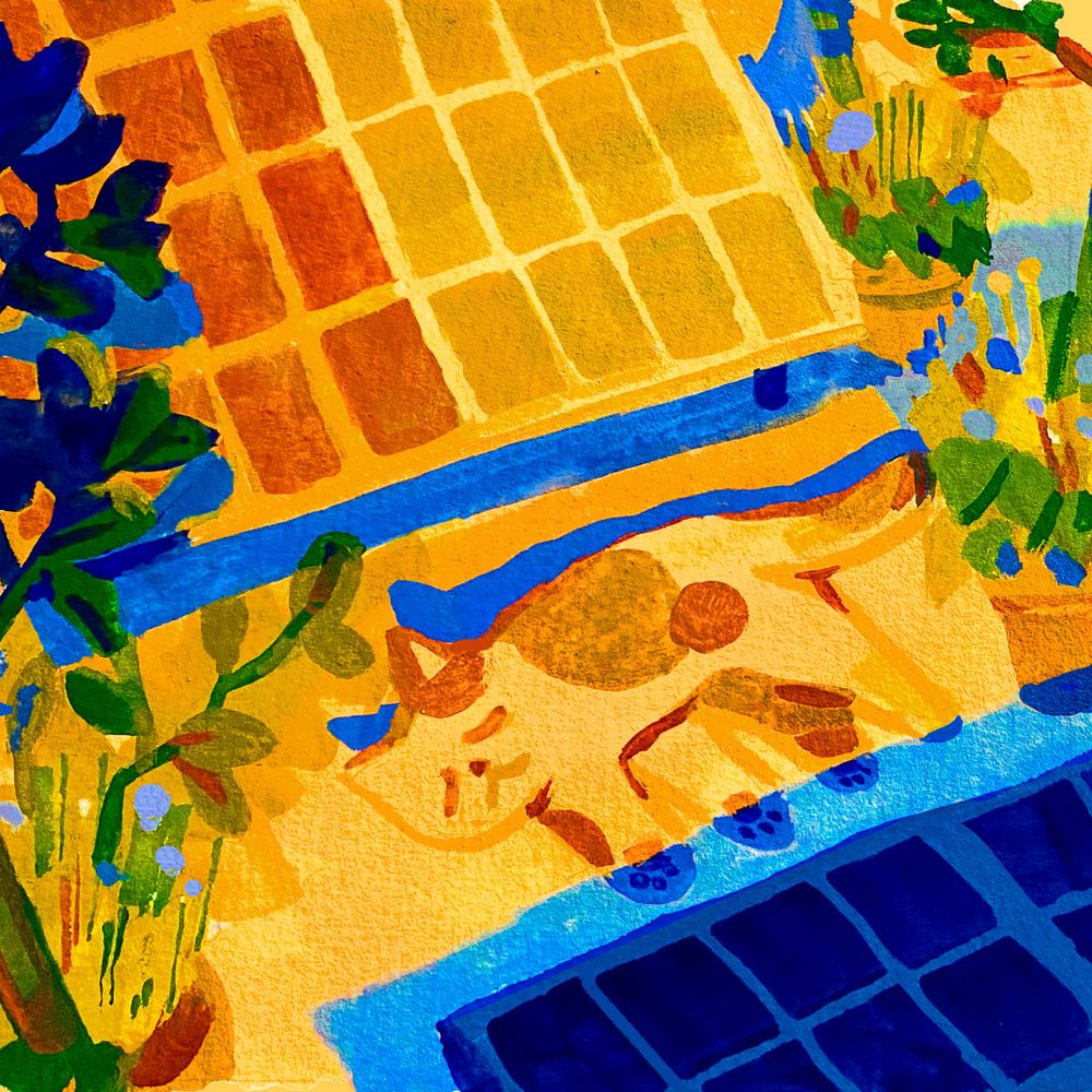 Gouache painting of a cat sleeping on its side between some solar panels. The sides are filled with plants. Overall, the painting is mostly is monochromatic yellow. The cats paws are crossing into blue shadows. 