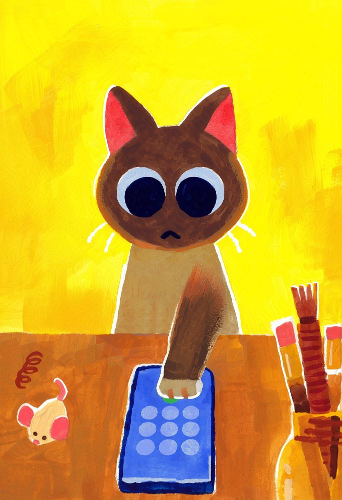 A siamese mix cat at a desk dialing a number on a smart phone. He has a blank look. On the desk are various cat toys (spring, mousey, chew stick) mixed with writing tools. The bg is a bright yellow.

