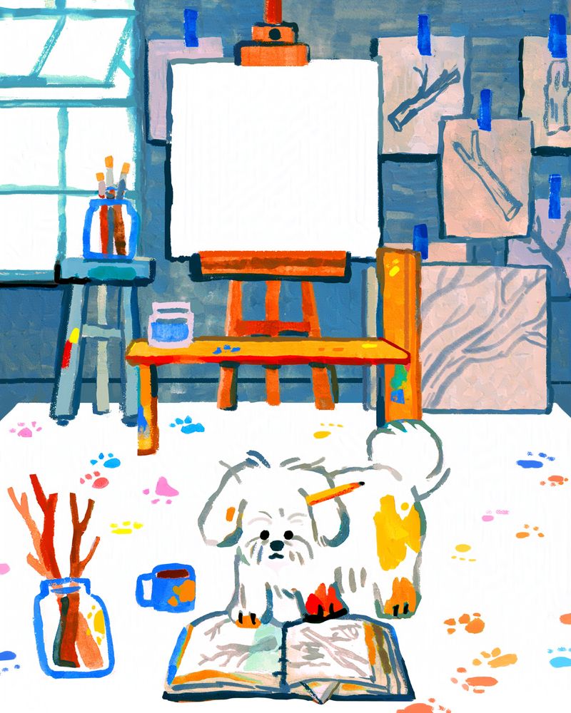A small white fluffy dog with a pencil behind their floppy ear is looking down at a messy sketchbook. They're in a messy painting studio. In the background is a blank white canvas on a brown easel. There's a drawing horse stand being used as a bench in front of it. There's brushes and water in jars nearby. Many sketches of sticks on newsprint are taped to the wall behind it. Everything in the studio is covered in colorful pawprints including a cup of coffee and jar of sticks. The dog has big splotches of paint staining their pristine white fur as well. Their studio window is open, safety first! 