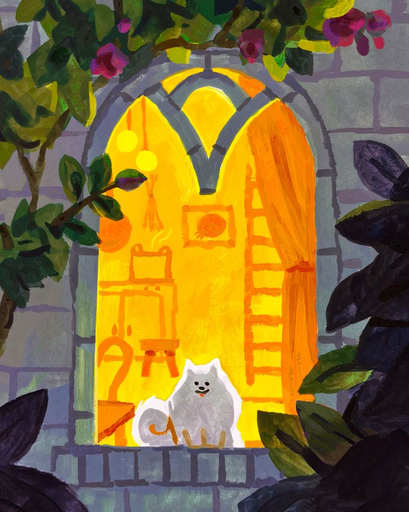A small white fluffy dog, with their paws on the window sill of an arched stone window, in a stone wall. The window is framed with foliage, and dark leaves in the foreground. Their house in the background is filled with furniture, a pot of soup on the stove, a curtain, ladder, stool, and painting of a pomegranate. In this painting, it's night. The exterior is cool greens, and blue greys. The interior is bright yellow and orange. 
