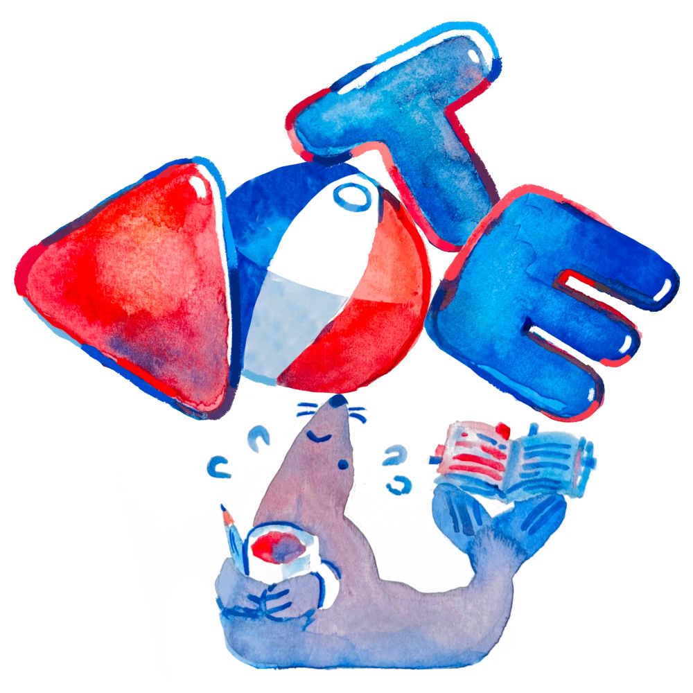 A seal balancing a ball and balloon letters that spell "VOTE". They're holding a mug, pencil, and voter guide with lots of bookmarks. They're smiling and sweating with effort.