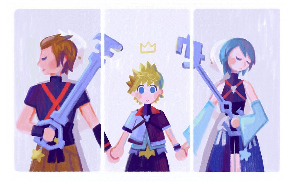 Three panel drawing of Terra, Ven, and Aqua holding hands. Terra (left) and Aqua (right) are facing, outwards holding their keyblades across their chests. Ven (middle) is awake and looking at the viewer with a drawing of a yellow crown above his head. Very lightly you can see a white-haired terra and aqua standing behind them looking at Ven.