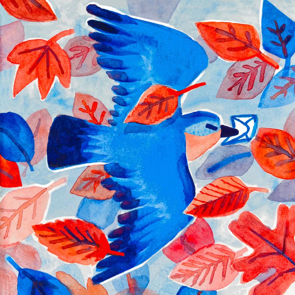 A bluebird holding a mail in ballot, flying through wind and many leaves. 