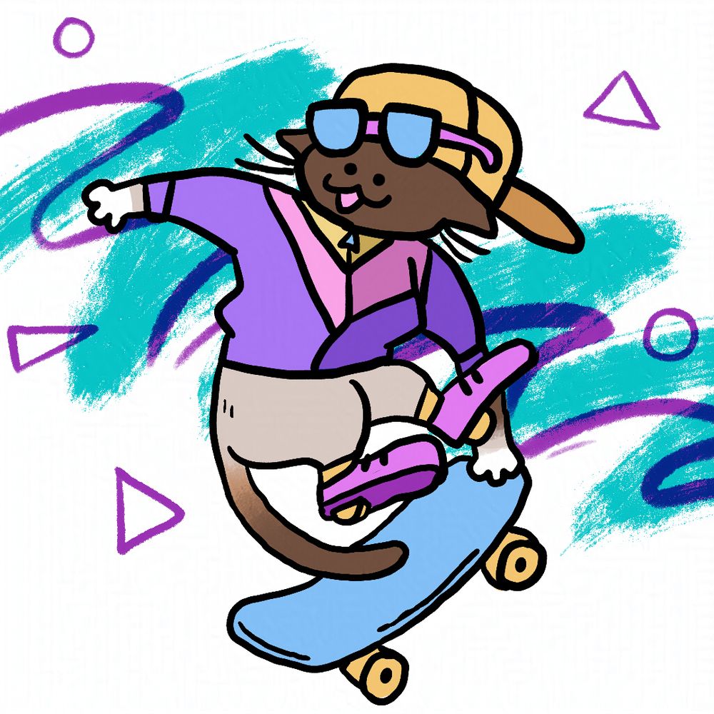 7- A drawing of Brioche wearing a colorful purple and yellow windbreaker. He's got on a backwards cap and sunglasses. He's wearing purple Heelys(tm) and also skateboarding. The bg is the teal and purple jazz cup pattern. 
