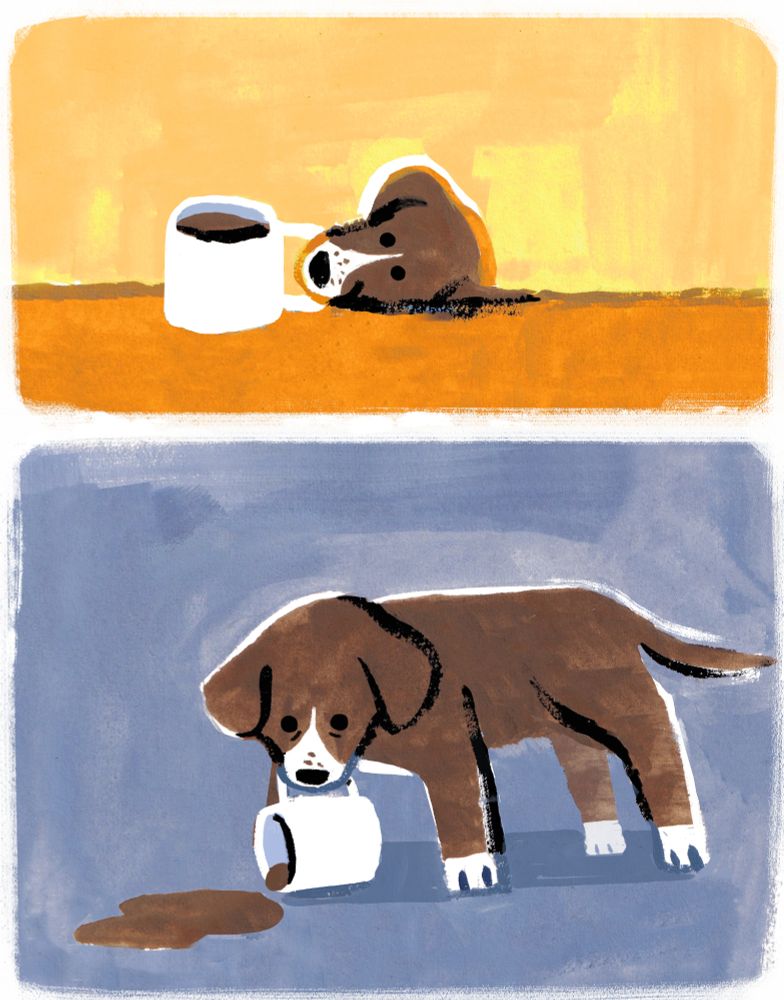 Top panel: A brown floppy-earred dog with spots around their nose grabs the handle of a white mug of coffee on a table in their mouth. Bg is a warm peach/orange.

Bottom panel: The dog is now standing, holding the mug handle in their mouth with the coffee pouring out onto the floor. They are bamboozled. Bg is a sad desaturated blue. 