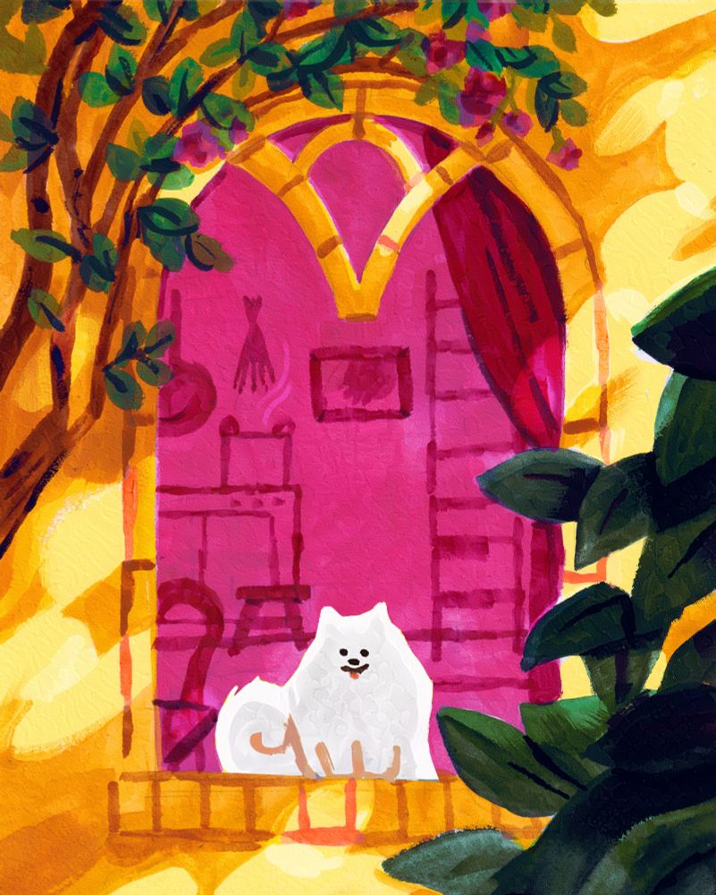 The same painting but in different colors. It's daytime now, the exterior wall is yellow with dappled light on it. The interior is a dark magenta and red. 
