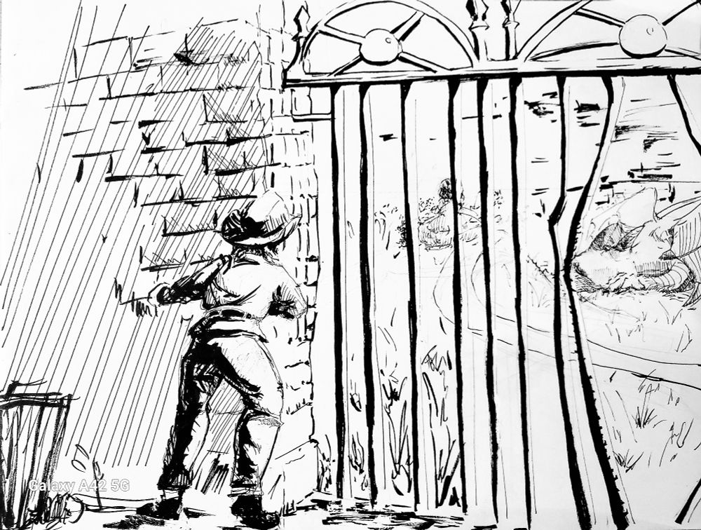 Pen and ink illustration of a man onlooking a girl picking Thyme to help a sickly looking dragon