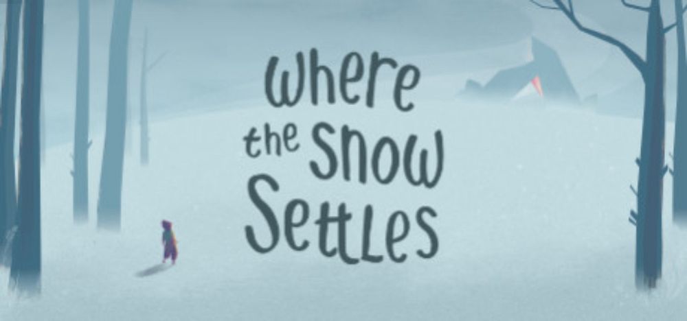 Where the Snow Settles video game banner art with a small figure in a large blue-white snowy landscape 