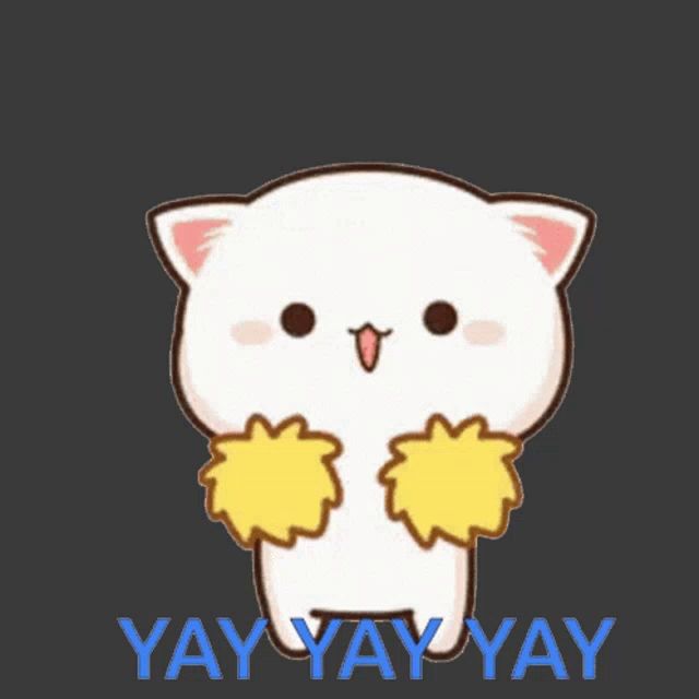 a cartoon cat is cheering with the words yay yay yay written below it