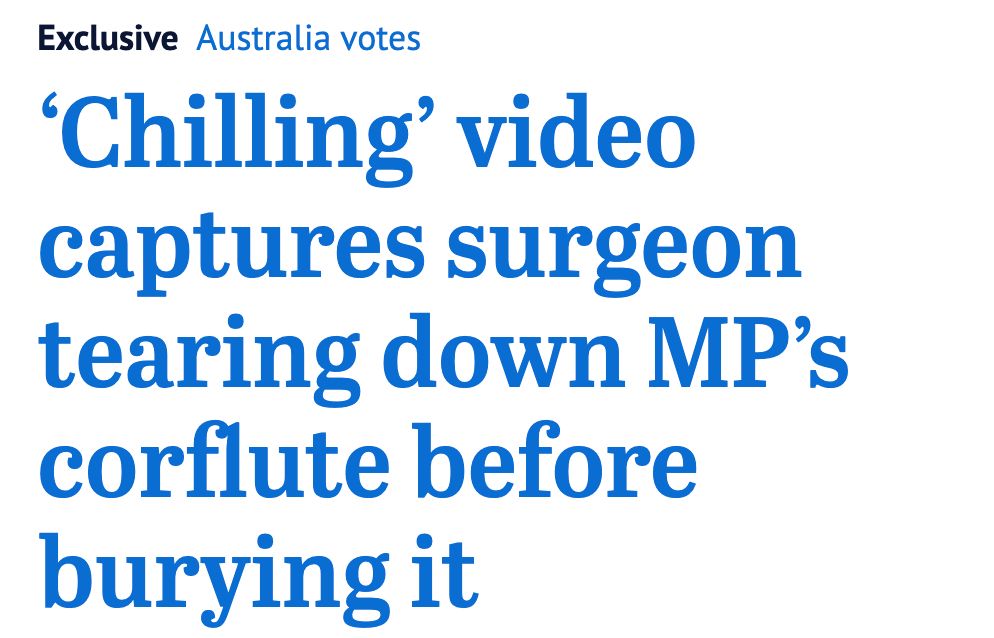 Sydney Morning Herald headline stating ‘Chilling’ video captures surgeon tearing down MP’s corflute before burying it