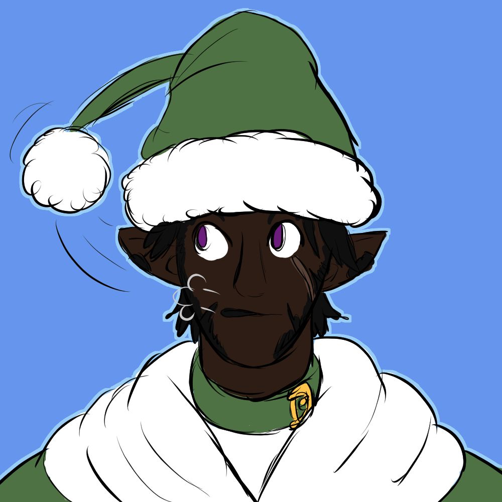 Geras Vasair, in Santa elf attire, blowing away a fluffy pom from the hat he's wearing.