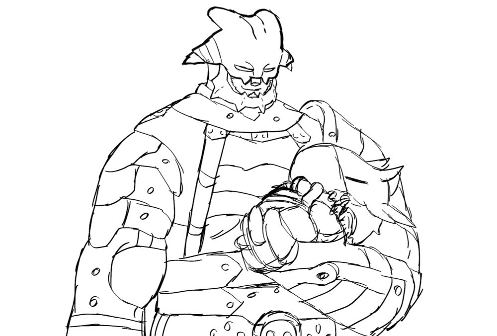 Zeid holding Biggmann. Biggmann is asleep in the crook of Zeid's arm, and the galka is looking down at him with a small smile of fondness.