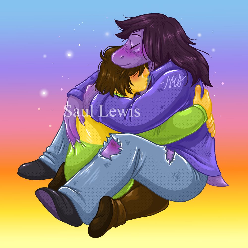 A digital drawing of Kris and Susie hugging with a starry pastel background. 