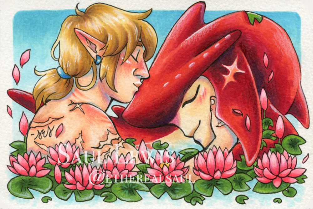Link and Sidon from the Legend of Zelda. Alcohol Marker on Paper. Link kisses Sidon’s forehead as they are surrounded by bright pink water lilies and lily pads. 