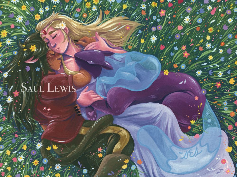 Adora, Catra, and Melog in a field of flowers. Gouache on paper. Adora, Catra and Melog from She-Ra and the Princesses of Power are sleeping in a pile in a field of little rainbow flowers. 