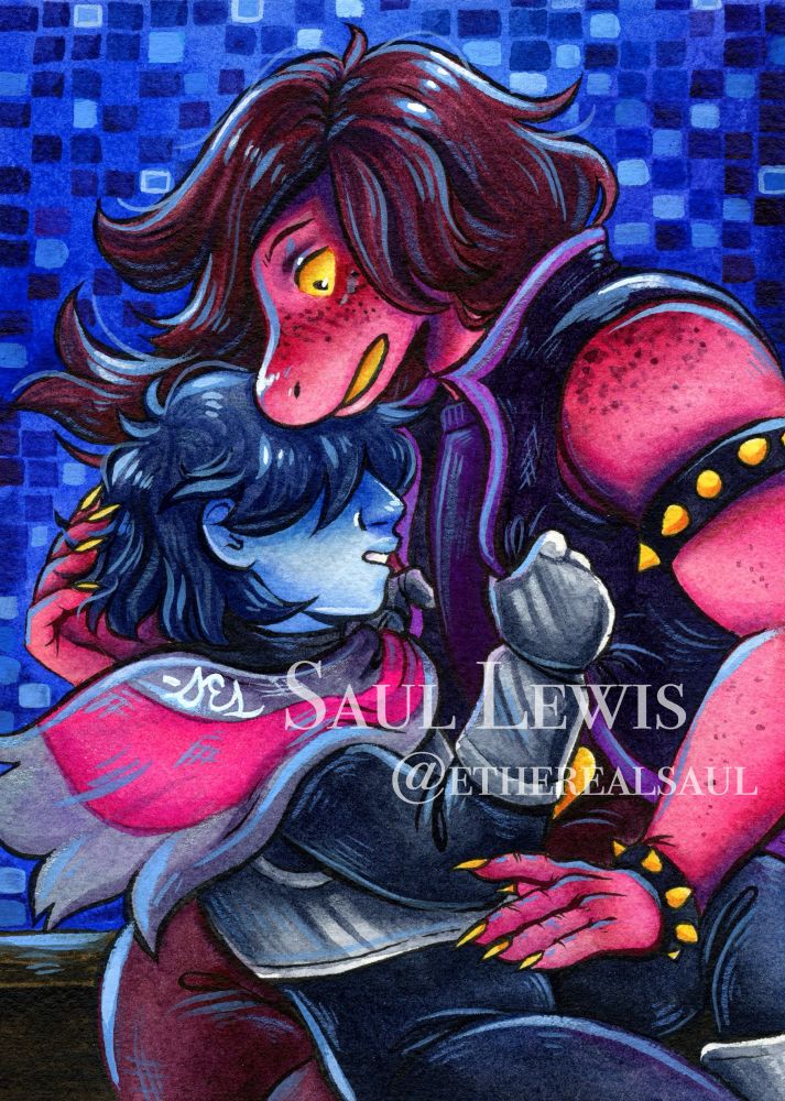“Falling” Kris and Susie. Watercolor on Paper. Kris and Susie from Deltarune chapter 3 in a secret scene after acquiring the Shadow Mantle in the back rooms. Kris grabs Susie as the fall backwards in front of a pixelated blue screen. 