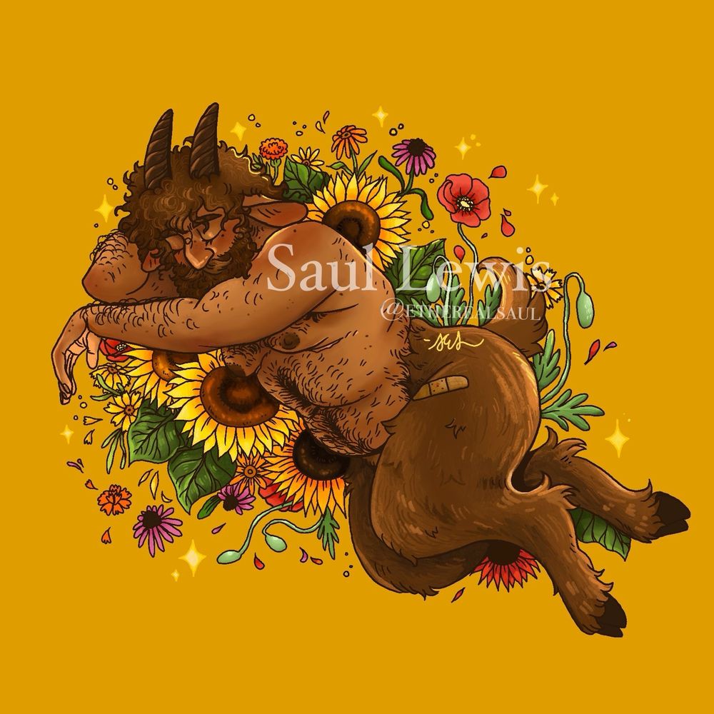 Summer Satyr. Digital painting done in procreate. A chubby transmasculine satyr with brown skin, fur, a beard, and horns. He’s surrounded by lots of colorful flowers including poppies, sunflowers, coreopsis, coneflowers, and marigolds.