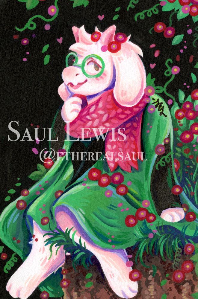 A drawing of Ralsei from deltarune surrounded by pink morning glories